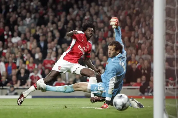 Framed Print : Adebayor's Strike: Arsenal Takes a 3-0 Lead over Villarreal in UEFA Champions League Quarterfinal