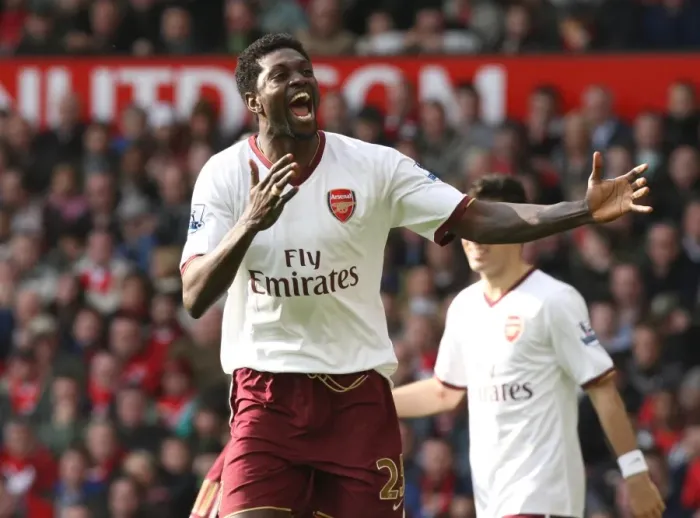 Framed Print : Adebayor's Thrilling Goal: Arsenal's 2:1 Comeback at Old Trafford, 2008