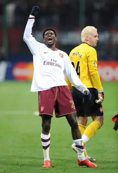 Framed Print : Adebayor's Triumph: Arsenal's Unforgettable 2-0 Victory Over AC Milan in the Champions League Framed Print : Adebayor's Triumph: Arsenal's Unforgettable 2-0 Victory Over AC Milan in the Champions League
