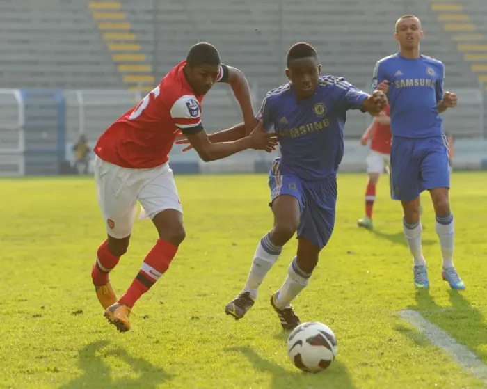 Framed Print : Ainsley Maitland-Niles vs. Kevin Wright: Arsenal U19 vs. Chelsea U19 - NextGen Series Semi-Final, Italy, 2013 Framed Print : Ainsley Maitland-Niles vs. Kevin Wright: Arsenal U19 vs. Chelsea U19 - NextGen Series Semi-Final, Italy, 2013