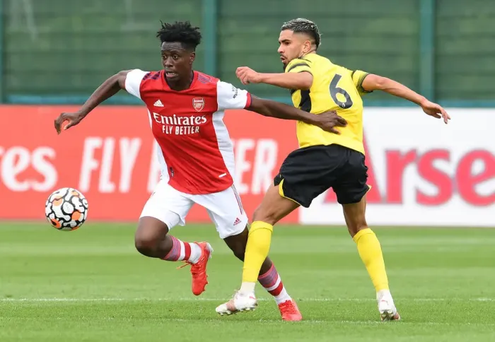 Framed Print : Albert Sambi Lokonga Shines: Arsenal's Standout Performance in Pre-Season Victory over Watford (2021-22)