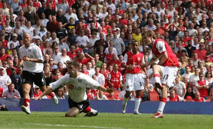 Framed Print : Alex Hleb shoots past Fulham defender Chris Baird to score the 2nd Arsenal goal