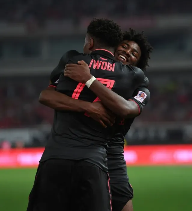 Framed Print : Alex Iwobi and Ainsley Maitland-Niles Celebrate Goal: Bayern Munich vs. Arsenal (2017-18 Pre-Season Friendly, Shanghai)