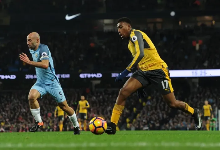 Framed Print : Alex Iwobi (Arsenal) Pablo Zabaleta (Man City) Framed Print : Alex Iwobi (Arsenal) Pablo Zabaleta (Man City)