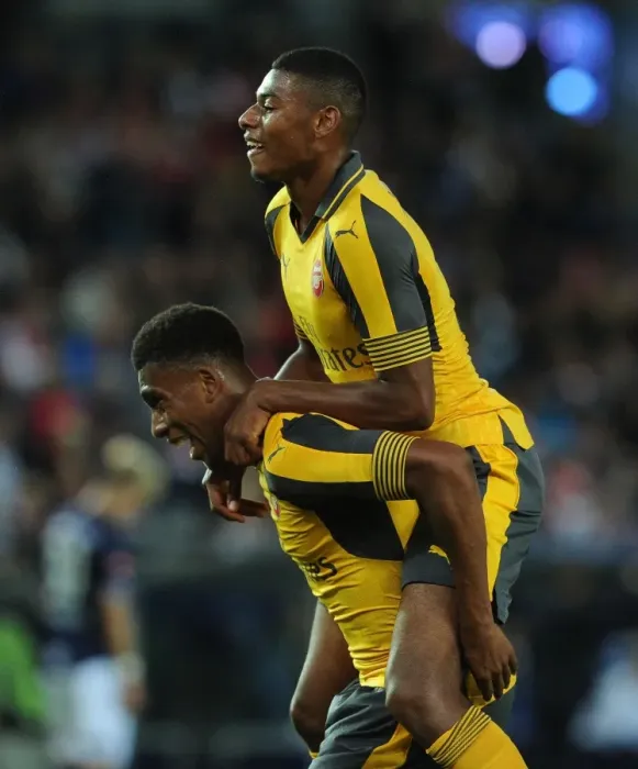 Framed Print : Alex Iwobi and Jeff Reine-Adelaide: Celebrating Goals for Arsenal in Pre-Season Friendly against Viking FK, 2016