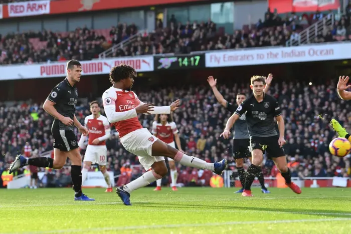 Framed Print : Alex Iwobi Scores Arsenal's Third Goal Against Burnley in Premier League Framed Print : Alex Iwobi Scores Arsenal's Third Goal Against Burnley in Premier League