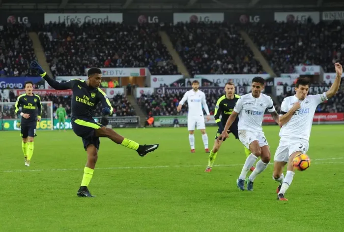 Framed Print : Alex Iwobi Scores Arsenal's Second Goal Against Swansea City (January 2017)