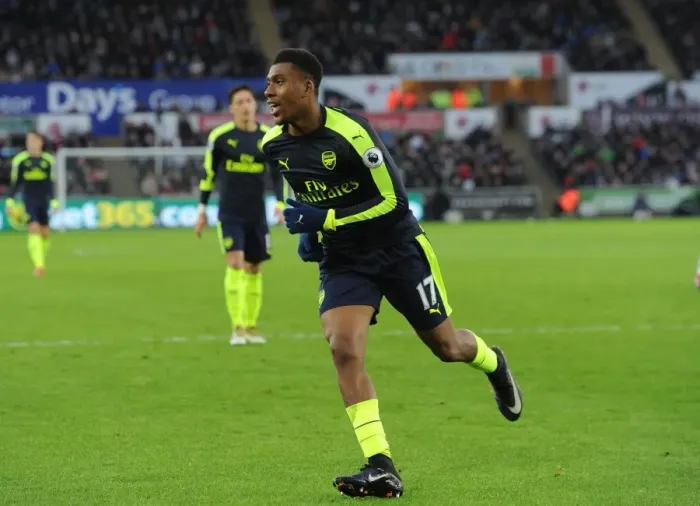 Framed Print : Alex Iwobi Scores Arsenal's Second Goal: Swansea City vs Arsenal, Premier League 2016-17 - Iwobi's Euphoric Celebration at Liberty Stadium, Swansea, Wales