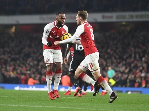 Alex Lacazette and Aaron Ramsey Celebrate Goal: Arsenal vs Manchester United, Premier League 2017-18