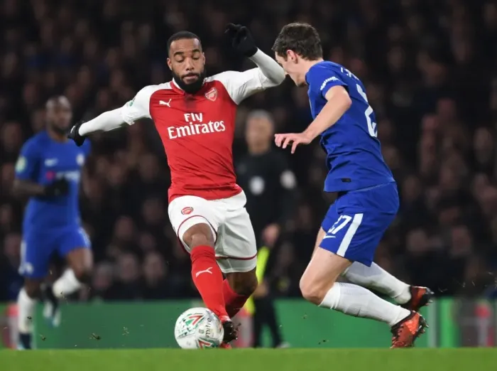 Framed Print : Alex Lacazette vs. Andreas Christensen: A Carabao Cup Semi-Final Battle at Stamford Bridge (2017-18) Framed Print : Alex Lacazette vs. Andreas Christensen: A Carabao Cup Semi-Final Battle at Stamford Bridge (2017-18)