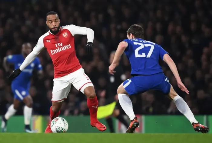 Framed Print : Alex Lacazette vs. Andreas Christensen: Carabao Cup Semi-Final Showdown (Chelsea v Arsenal, 2017-18)