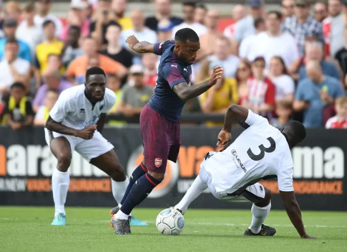 Framed Print : Alex Lacazette vs Femi Ilesanmi: Borehamwood vs Arsenal Pre-Season Clash Framed Print : Alex Lacazette vs Femi Ilesanmi: Borehamwood vs Arsenal Pre-Season Clash
