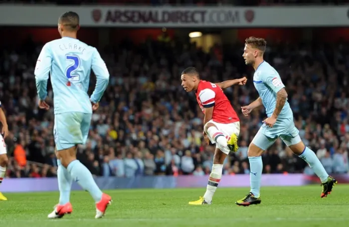 Framed Print : Alex Oxlade-Chamberlain Scores Arsenal's Second Goal Against Coventry City (2012-13) Framed Print : Alex Oxlade-Chamberlain Scores Arsenal's Second Goal Against Coventry City (2012-13)