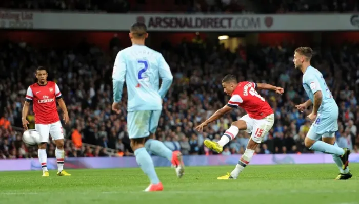 Framed Print : Alex Oxlade-Chamberlain Scores Arsenal's Second Goal Against Coventry City in Capital One Cup Match, 2012-13 Framed Print : Alex Oxlade-Chamberlain Scores Arsenal's Second Goal Against Coventry City in Capital One Cup Match, 2012-13