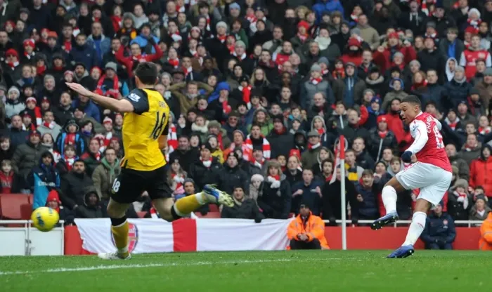 Framed Print : Alex Oxlade-Chamberlain Scores Third Goal Against Blackburn Rovers, Arsenal vs. Premier League 2012