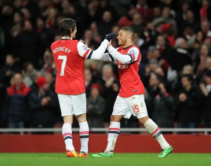 Framed Print : Alex Oxlade-Chamberlain and Tomas Rosicky Celebrate Arsenal's Second Goal vs Crystal Palace (2013-14)