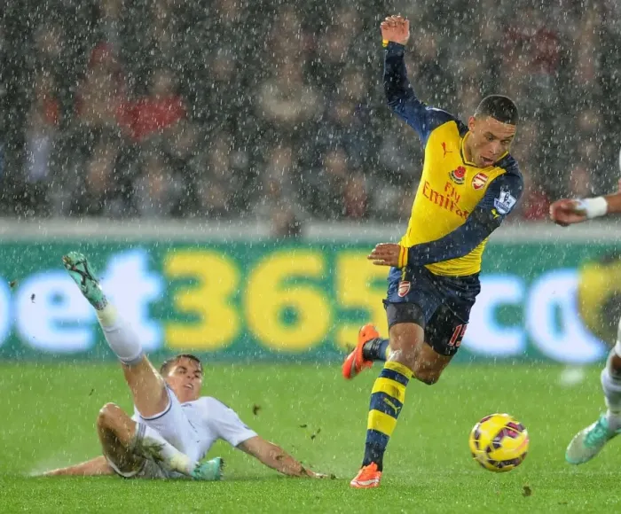 Framed Print : Alex Oxlade-Chamberlain vs Tom Carroll: Intense Battle in Swansea v Arsenal (2014-15) Framed Print : Alex Oxlade-Chamberlain vs Tom Carroll: Intense Battle in Swansea v Arsenal (2014-15)