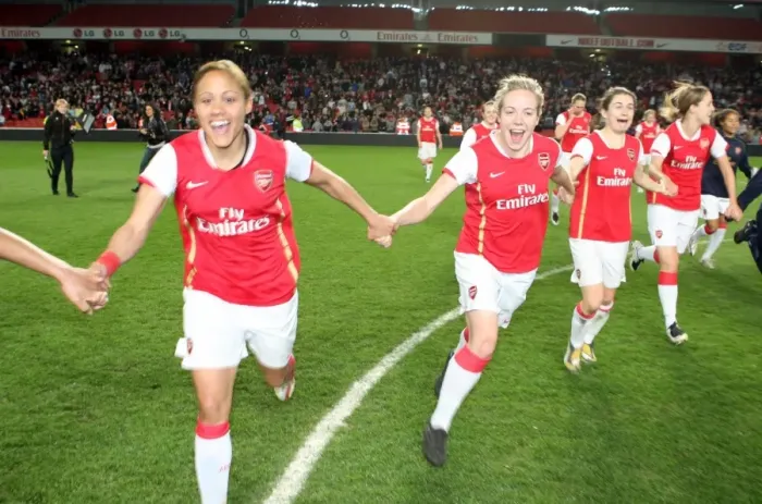 Framed Print : Alex Scott and Gemma Davison (Arsenal) celebrate after the match Framed Print : Alex Scott and Gemma Davison (Arsenal) celebrate after the match