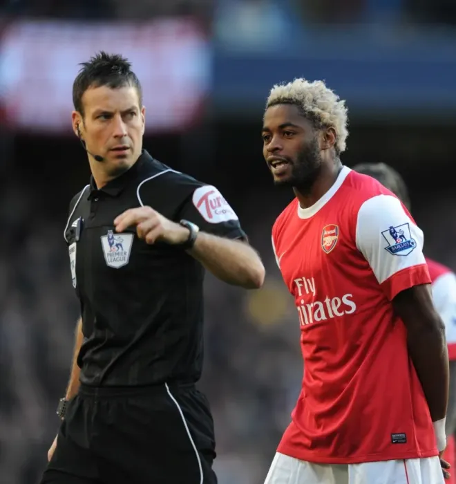 Framed Print : Alex Song (Arsenal) and referee Mark Clattenburg. Manchester City 0: 3 Arsenal Framed Print : Alex Song (Arsenal) and referee Mark Clattenburg. Manchester City 0: 3 Arsenal