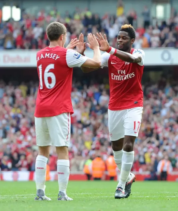 Framed Print : Alex Song celebrates scoring Arsenals 3rd goal with Aaron Ramsey. Arsenal 3: 0 Bolton Wanderers Framed Print : Alex Song celebrates scoring Arsenals 3rd goal with Aaron Ramsey. Arsenal 3: 0 Bolton Wanderers