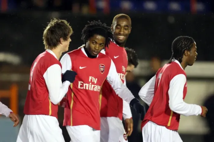 Framed Print : Alex Song celebrates scoring Arsenals goal with Johan Djourou and Havard Nordtveit