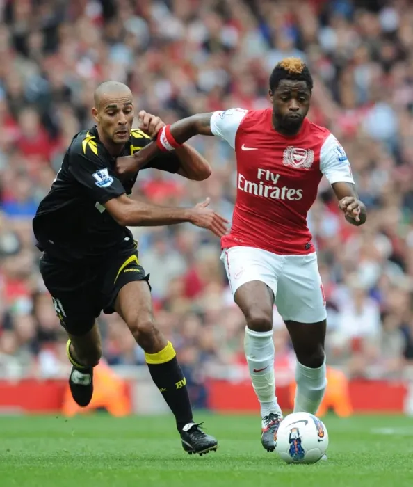 Framed Print : Alex Song Outmaneuvers Darren Pratley: Arsenal vs. Bolton Wanderers, 2011-12 Premier League