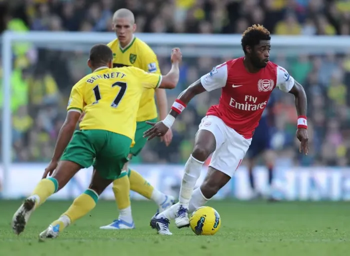 Framed Print : Alex Song Surges Past Elliott Bennett: Norwich City vs. Arsenal, Premier League 2011-12