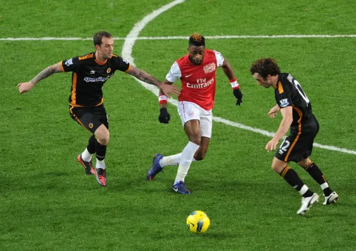 Framed Print : Alex Song vs. Steven Fletcher and Stephen Hunt: Arsenal vs. Wolverhampton Wanderers, Premier League, 2011-2012