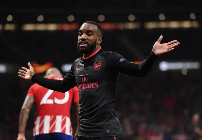 Framed Print : Alexandre Lacazette in Action: Arsenal vs Atletico Madrid, UEFA Europa League Semi-Final