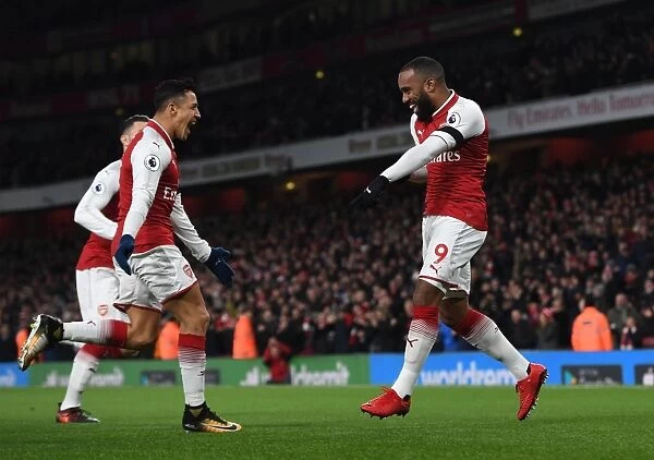 Alexandre Lacazette and Alexis Sanchez Celebrate Goal for Arsenal against Huddersfield Town, 2017-18 Premier League