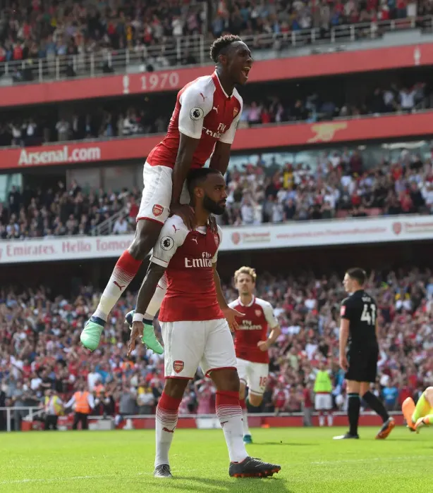 Framed Print : Alexandre Lacazette and Danny Welbeck Celebrate Goal: Arsenal's Triumph Over West Ham United, Premier League 2017-18