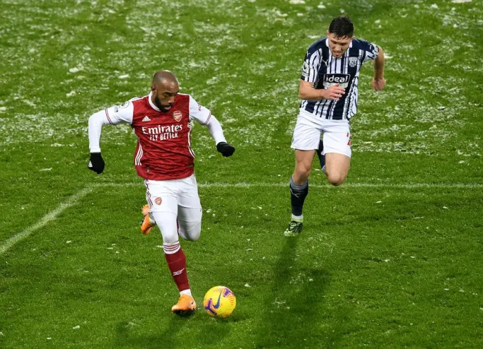 Framed Print : Alexandre Lacazette Faces Off Against Dara O'Shea in West Bromwich Albion vs Arsenal Premier League Clash