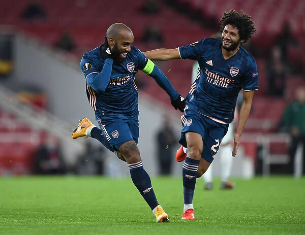 Alexandre Lacazette and Mohamed Elneny Celebrate Arsenal's First Goal Against Rapid Wien in Europa League