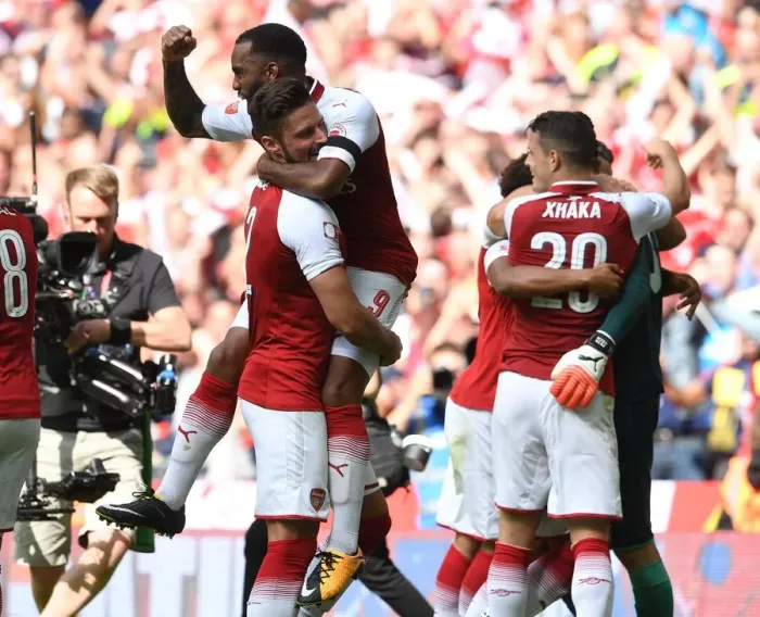 Framed Print : Alexandre Lacazette and Olivier Giroud (Arsenal) celebrate winning the penalty shoot out Framed Print : Alexandre Lacazette and Olivier Giroud (Arsenal) celebrate winning the penalty shoot out