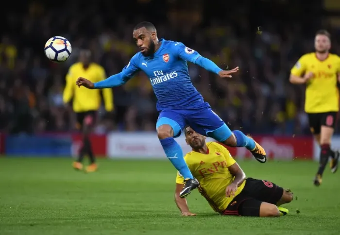 Framed Print : Alexandre Lacazette Outmaneuvers Adrian Mariappa: Watford vs Arsenal, Premier League 2017-18