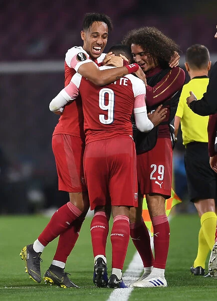 Alexandre Lacazette, Pierre-Emerick Aubameyang, and Matteo Guendouzi Celebrate Goal: Arsenal's Europa League Victory over Napoli (2018-19)