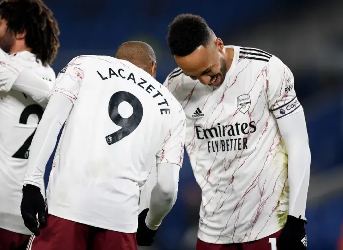 Framed Print : Alexandre Lacazette and Pierre-Emerick Aubameyang Celebrate Goal: Brighton & Hove Albion vs Arsenal, Premier League 2020-21