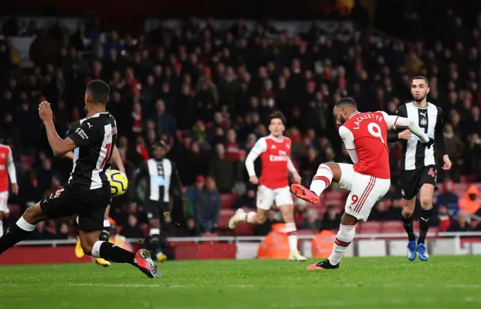 Framed Print : Alexandre Lacazette Scores Arsenal's Fourth Goal Against Newcastle United - Arsenal FC vs Newcastle United, Premier League 2019-2020