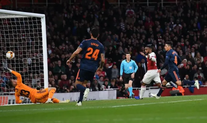 Framed Print : Alexandre Lacazette Scores Arsenal's Second Goal in Europa League Semi-Final vs Valencia Framed Print : Alexandre Lacazette Scores Arsenal's Second Goal in Europa League Semi-Final vs Valencia
