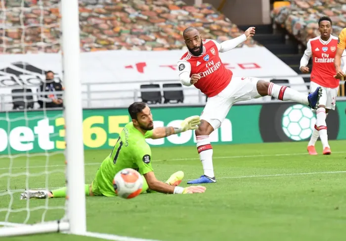 Framed Print : Alexandre Lacazette Scores Arsenal's Second Goal: Wolverhampton Wanderers vs Arsenal, Premier League 2019-2020 - Lacazette's Strike at Molineux