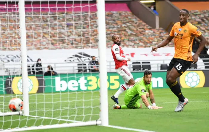 Framed Print : Alexandre Lacazette Scores Arsenal's Second Goal: Wolverhampton Wanderers vs Arsenal, Premier League 2019-2020