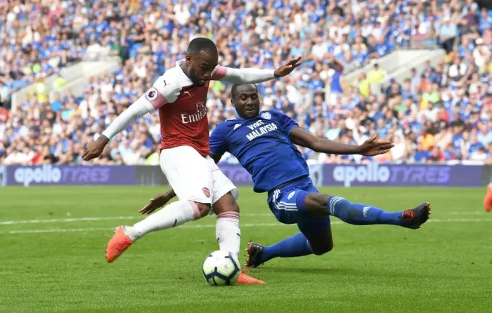 Framed Print : Alexandre Lacazette Scores Dramatic Goal Past Sol Bamba in Cardiff Derby Framed Print : Alexandre Lacazette Scores Dramatic Goal Past Sol Bamba in Cardiff Derby