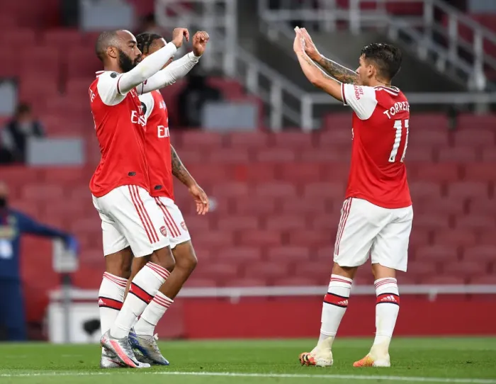 Framed Print : Alexandre Lacazette Scores First Goal in Empty Emirates Stadium: Arsenal vs. Liverpool, Premier League 2019-2020