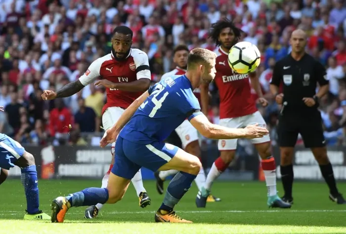 Framed Print : Alexandre Lacazette Scores Against Gary Cahill: Arsenal vs. Chelsea - FA Community Shield 2017-18
