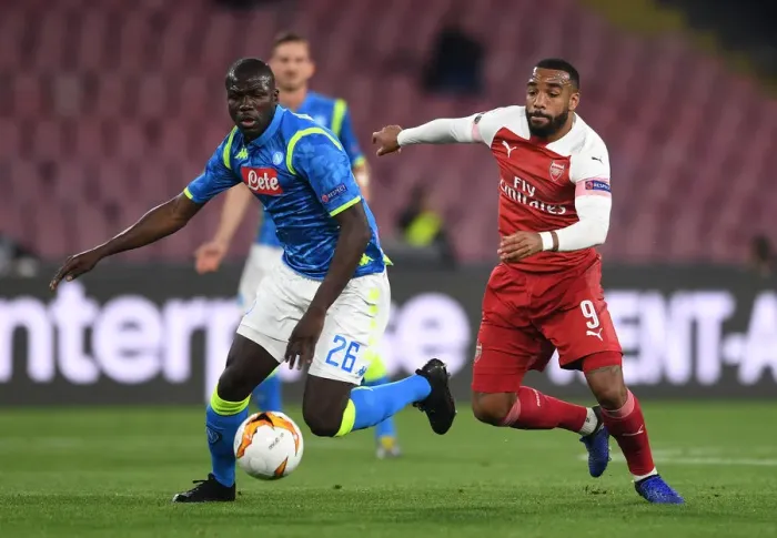 Framed Print : Alexandre Lacazette vs. Kalidou Koulibaly: Napoli vs. Arsenal - UEFA Europa League Quarterfinal Clash Framed Print : Alexandre Lacazette vs. Kalidou Koulibaly: Napoli vs. Arsenal - UEFA Europa League Quarterfinal Clash