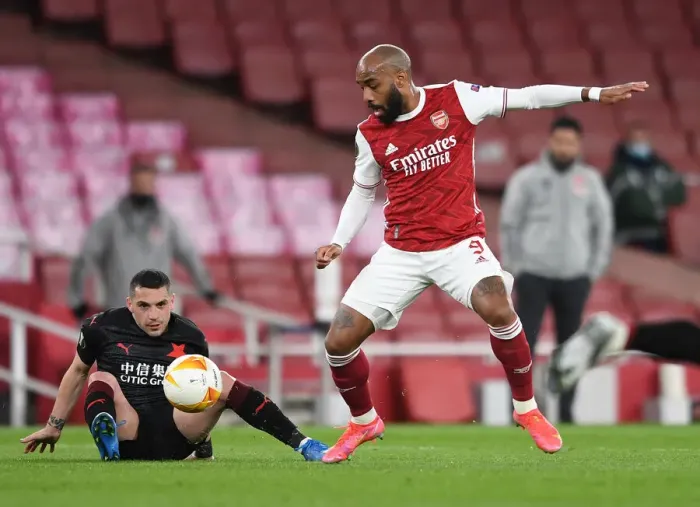 Framed Print : Alexandre Lacazette vs. Slavia Prague: A Europa League Showdown in Empty Emirates Stadium Framed Print : Alexandre Lacazette vs. Slavia Prague: A Europa League Showdown in Empty Emirates Stadium