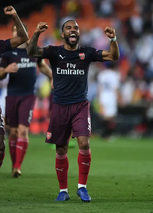 Framed Print : Alexandre Lacazette's Euphoric Celebration: Arsenal's Europa League Semi-Final Victory Over Valencia (2018-19)