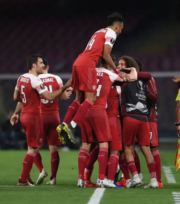Framed Print : Alexandre Lacazette's Goal Celebration: Arsenal's Europa League Victory against Napoli (2018-19)