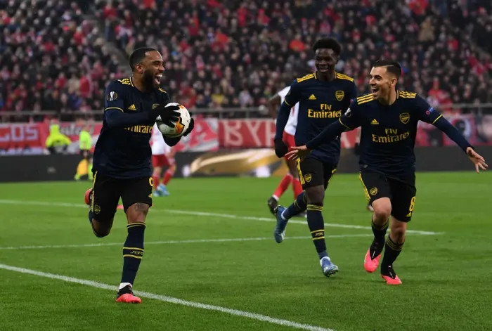 Framed Print : Alexandre Lacazette's Goal Celebration: Arsenal's Victory Moment against Olympiacos in UEFA Europa League Framed Print : Alexandre Lacazette's Goal Celebration: Arsenal's Victory Moment against Olympiacos in UEFA Europa League