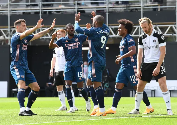 Framed Print : Alexandre Lacazette's Goal Celebration with Xhaka and Willian: Fulham vs. Arsenal, Premier League 2020-21